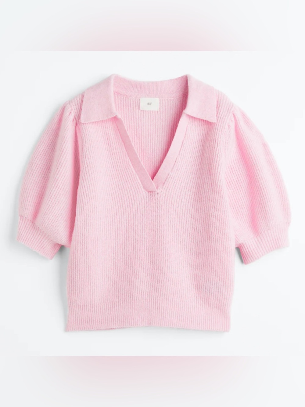 H&M Pink Knit Puff Sleeve Collared Sweater Top Womens M Pullover Soft Wool Blend